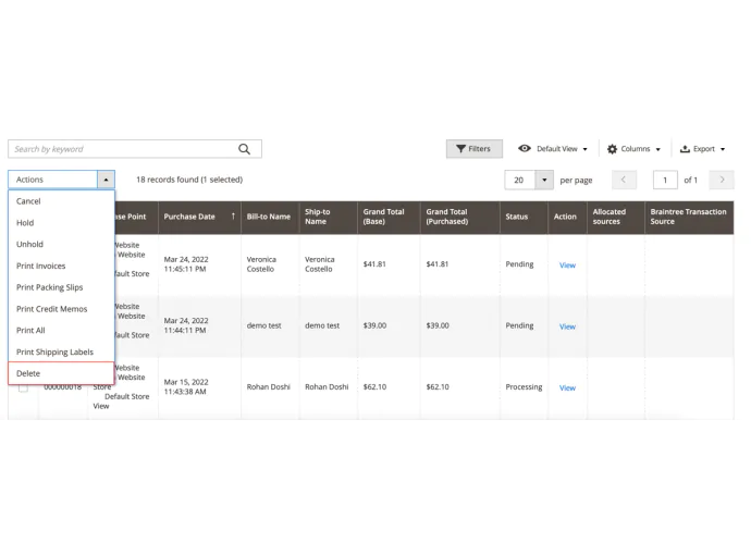 Delete Orders Dropdown